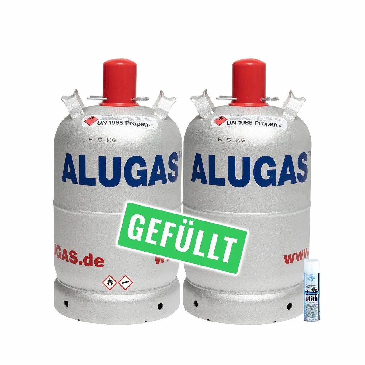 BlueCraft Camping-Gas 2x Alu Propangasflasche 11kg, leicht, hohe Verdampfungsleistung, inkl. Lecksuchspray