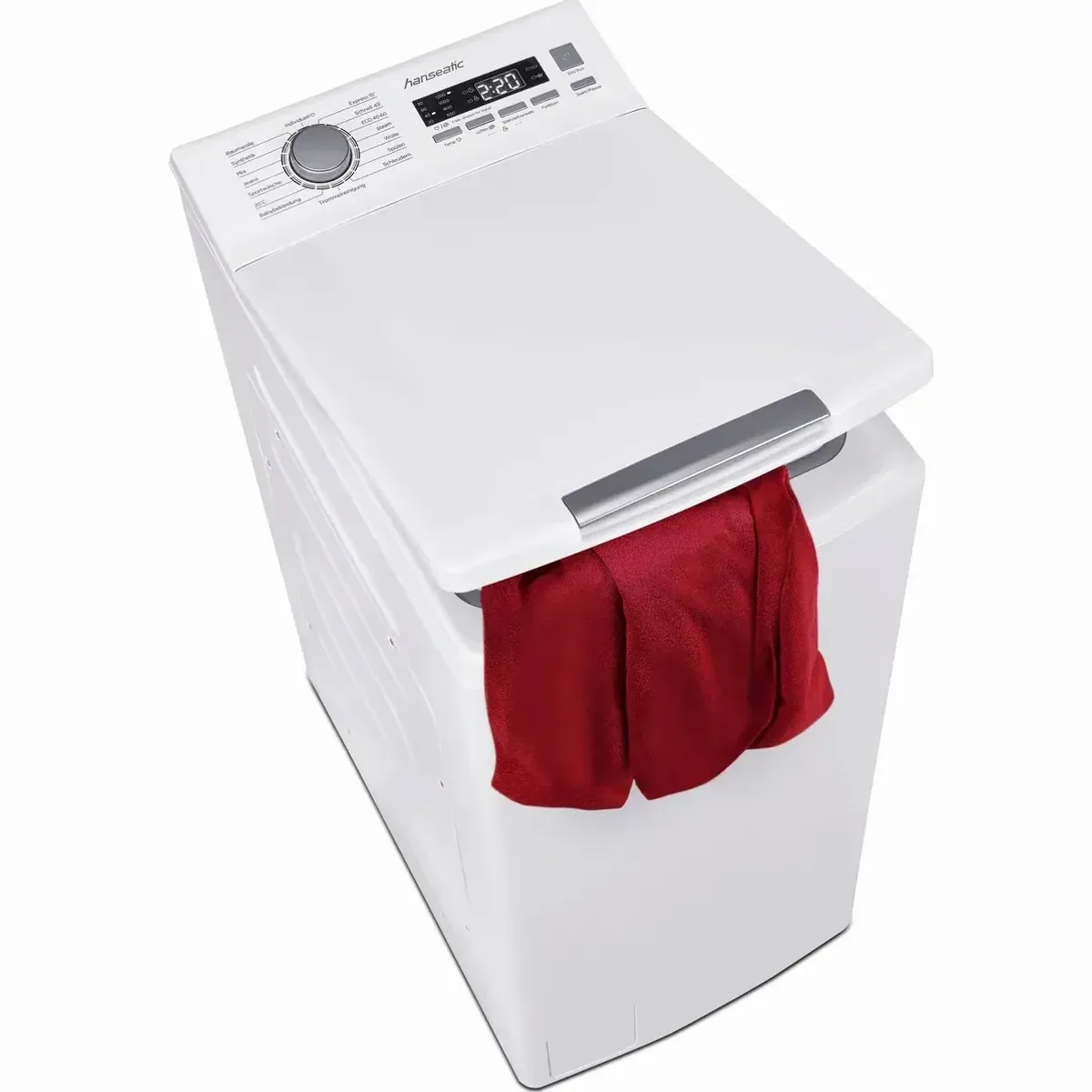 Hanseatic HTW7512A Toplader, 7,5 kg Fassungsvermögen, Schaumsensor, Aqua Stop