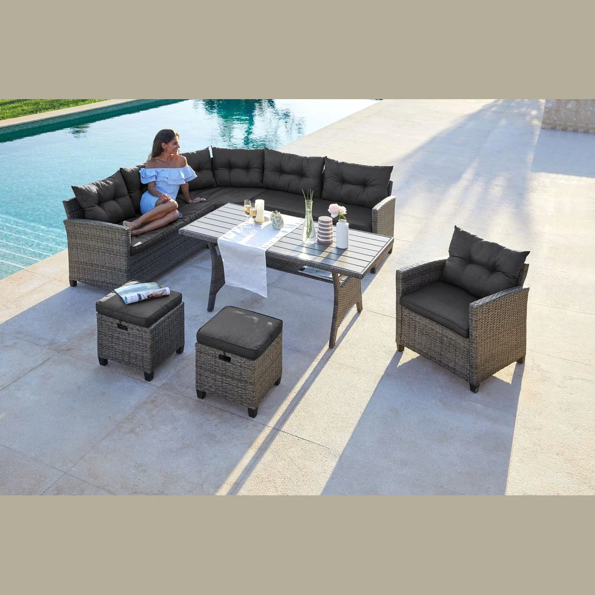 KONIFERA Keros Premium Gartenlounge-Set, 20-tlg., Ecklounge, Hocker, Sessel, Tisch
