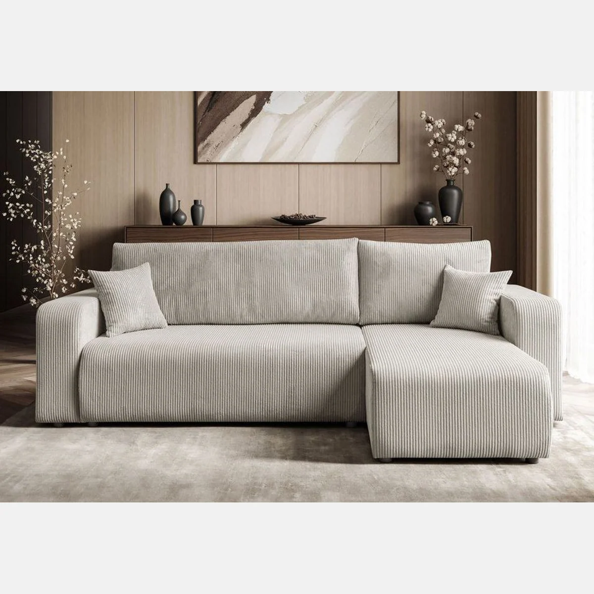 Lookway Prestige Ecksofa, L-Form, Bettfunktion, Cord-Stoff — 2 Kissen