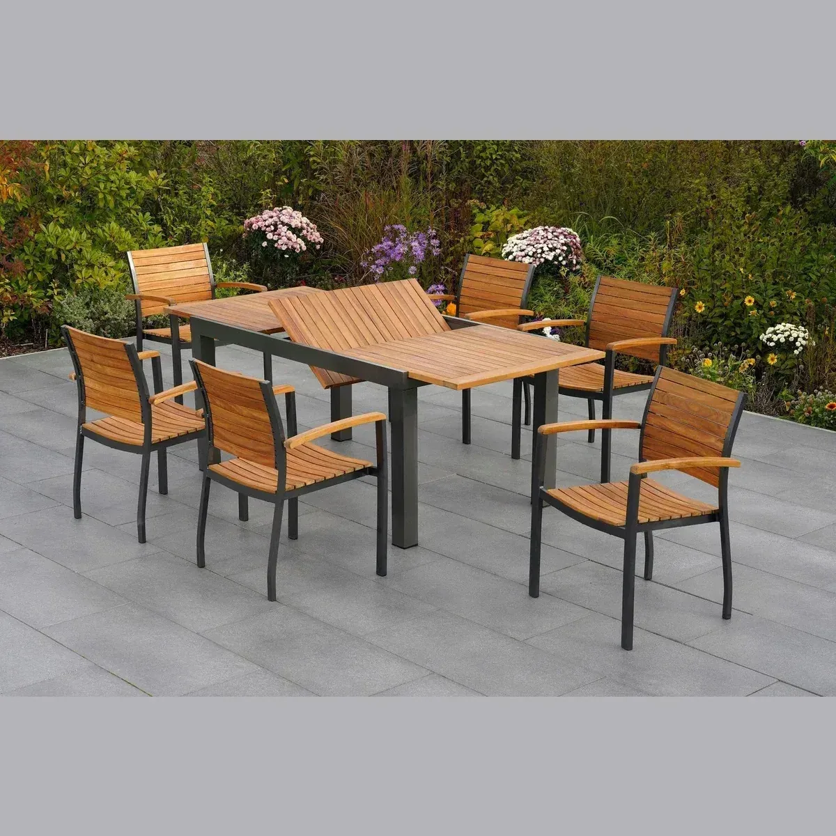MERXX Santorin Garten-Essgruppe, 7-teilig, Aluminium, Akazienholz, stapelbare Sessel
