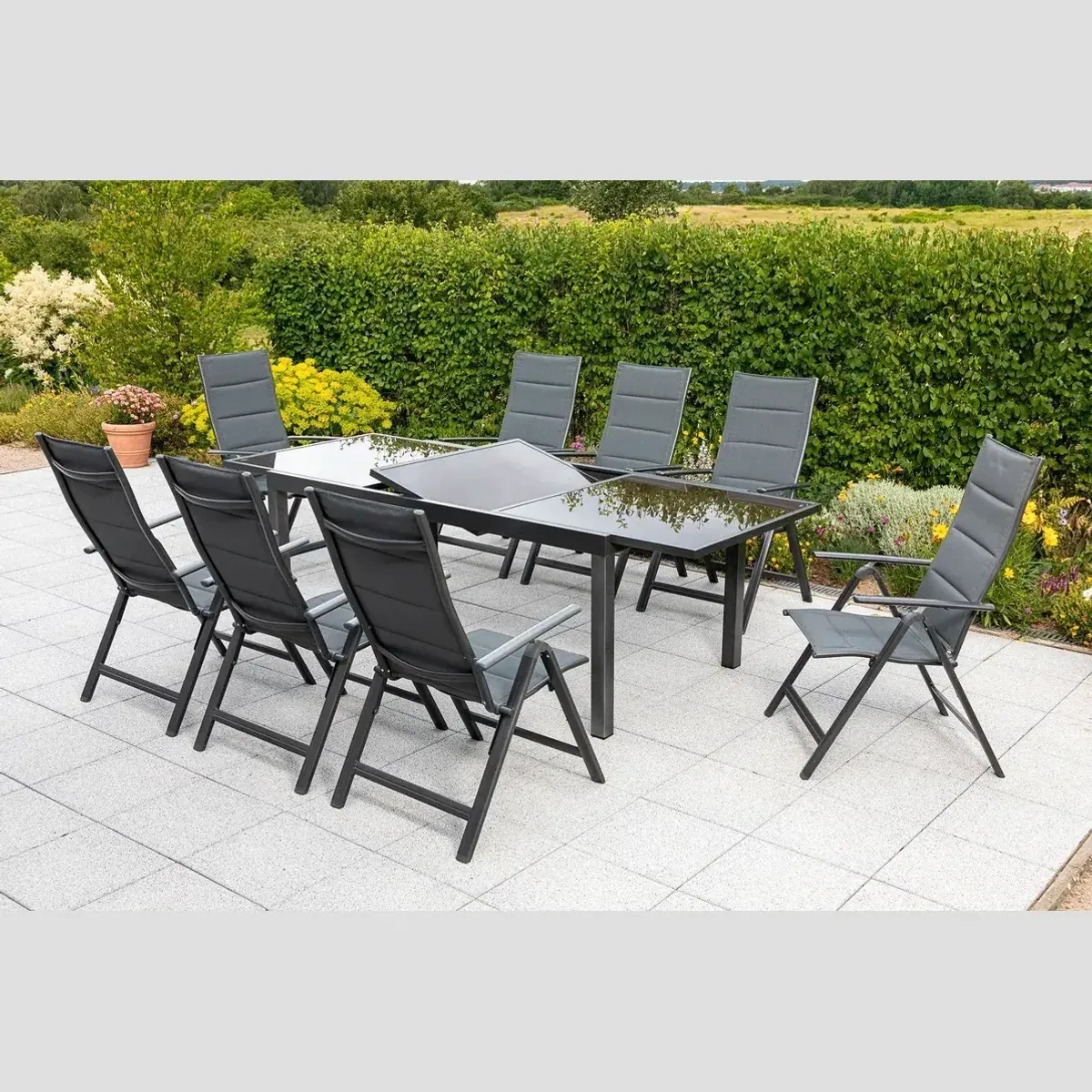 MERXX Taviano Garten-Essgruppe, 9-teilig, klappbare Sessel, ausziehbarer Tisch