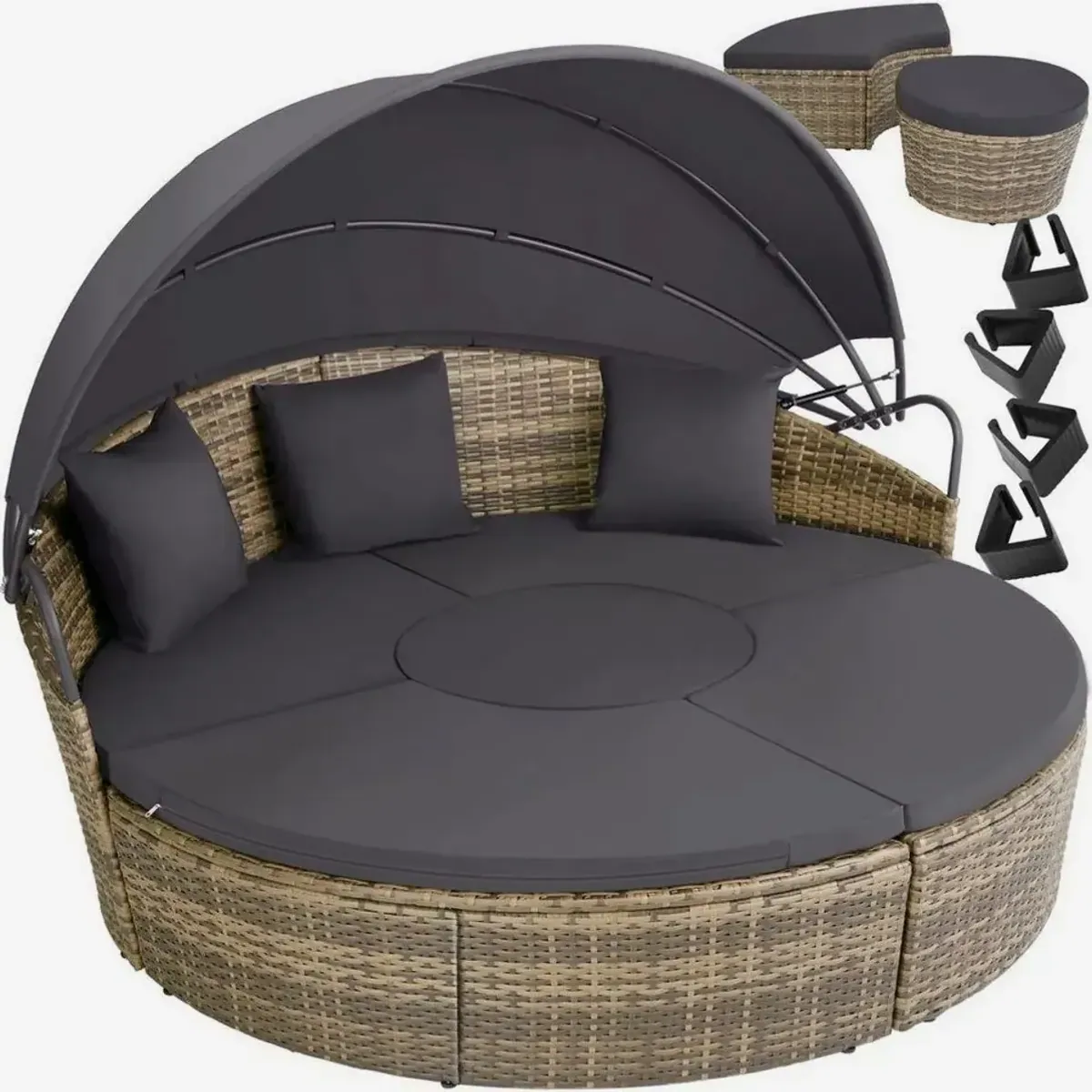 tectake Santorin Rattan Sonneninsel, UV-beständig, faltbares Dach – 5-teilig
