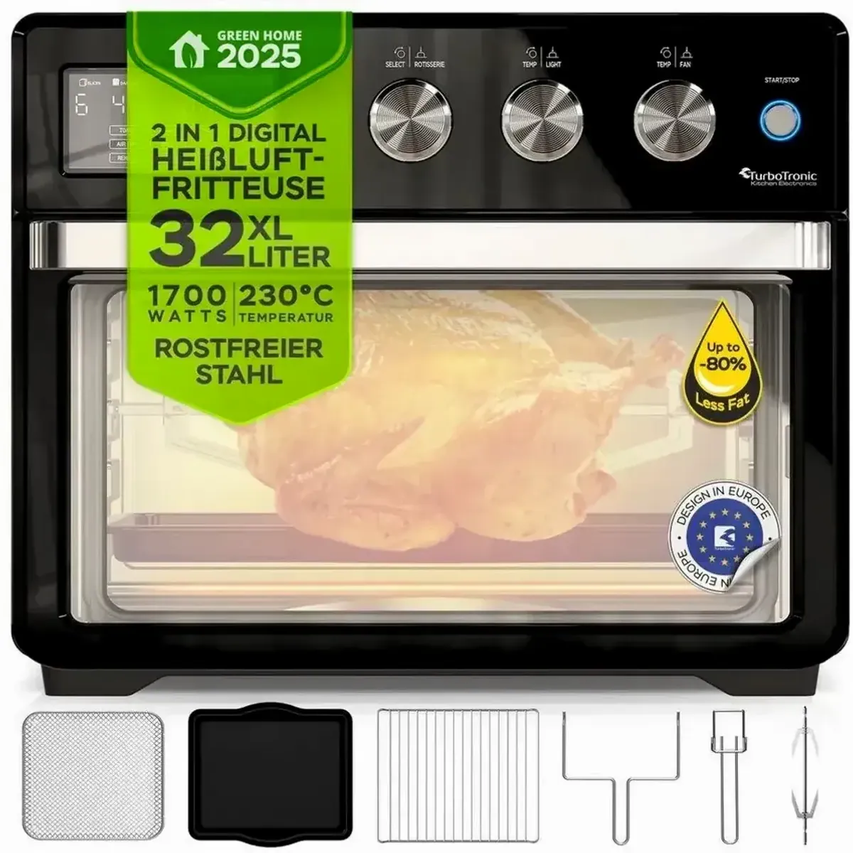 TurboTronic by Z-Line Minibackofen XL 32 L, Heißluftofen, 4 Garprogramme